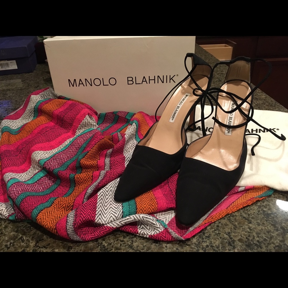 Crepe black ankle tie Manolo Blahnik heels.